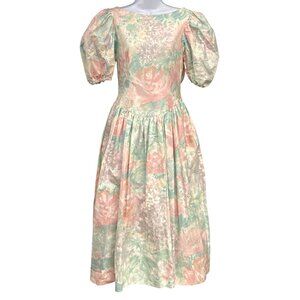 Vintage S.G. Gilbert Puff Sleeve Pastel Floral Dress 80s Cottagecore Size 6 USA